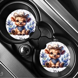 Adorable Cowboy Cow Car Coasters - Blue and Brown